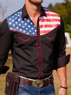 Men's Black Button-Down Shirt with American Flag Yoke